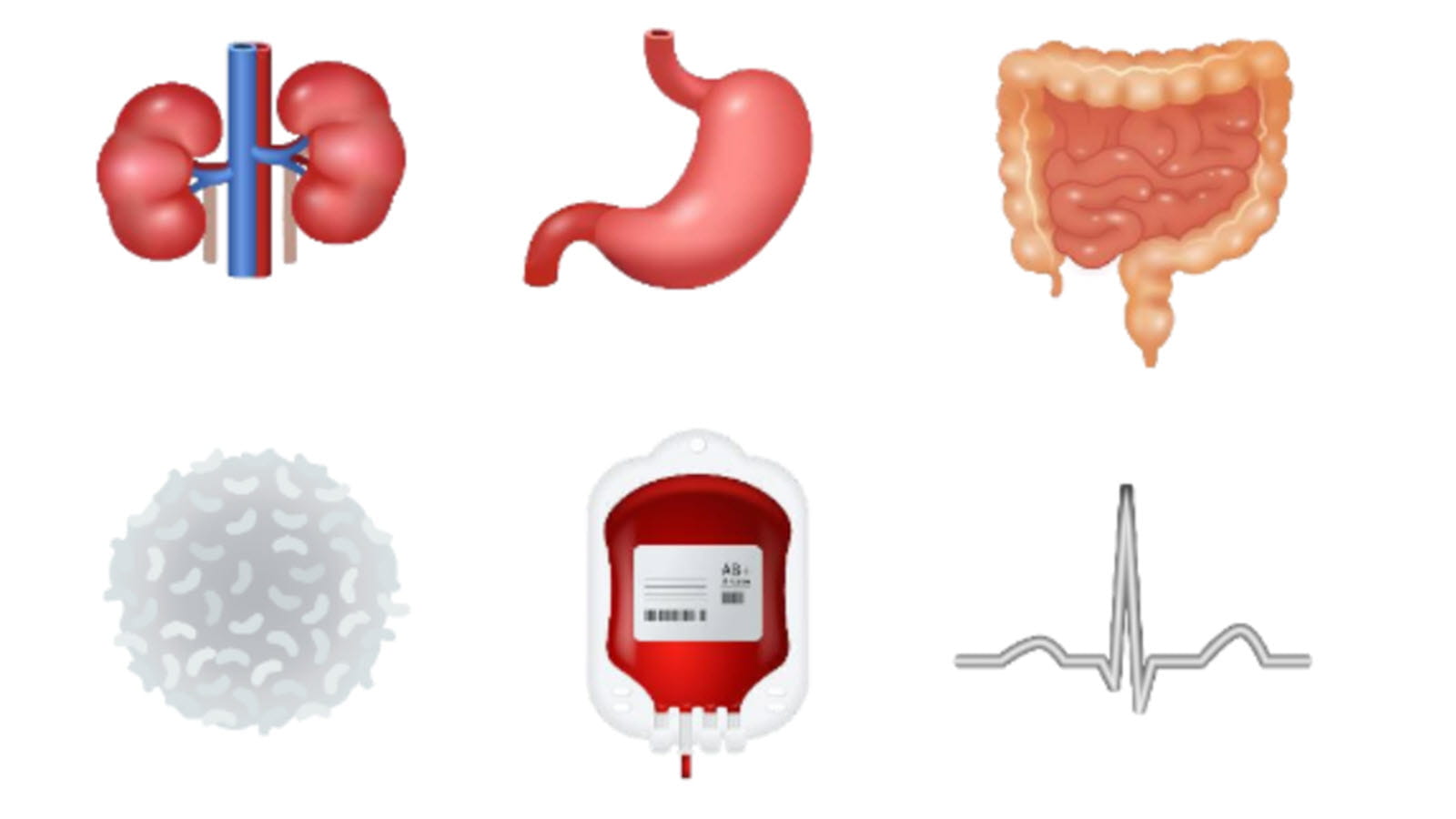 Six of 10 emojis proposed by doctors. They include kidneys, the stomach, the intestines, a white blood cell, a bag of donated blood, and EKG rhythm