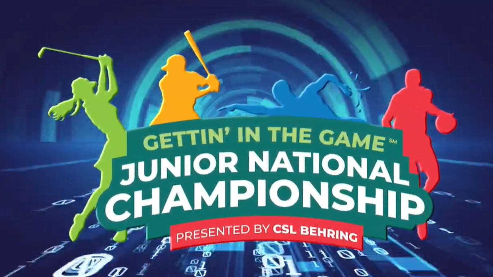 Illustrated logo for CSL Behring's Gettin' in the Game Junior National Championship with silhouettes of a golfer, baseball player, swimmer and a basketball player